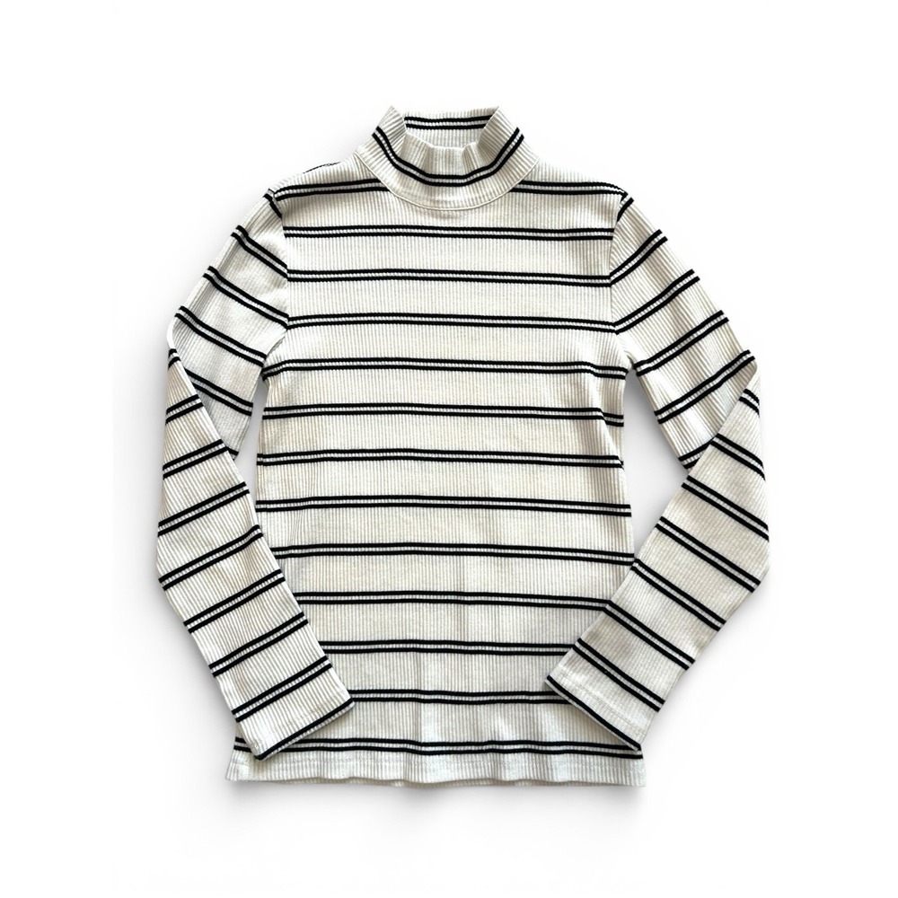 Talbots Petite striped ribbed turtleneck long sleeve knit top SP black white rib